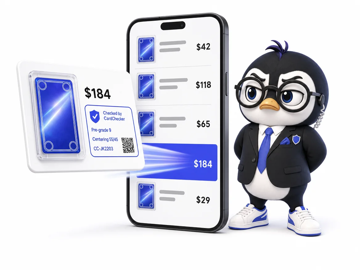 A listing flies out of a phone's marketplace results, carrying a CardChecker check: pre-grade 9, centering 55/45, report code CC-JK2203 and a QR code. Pipos the penguin stands guard beside the phone, hands behind his back