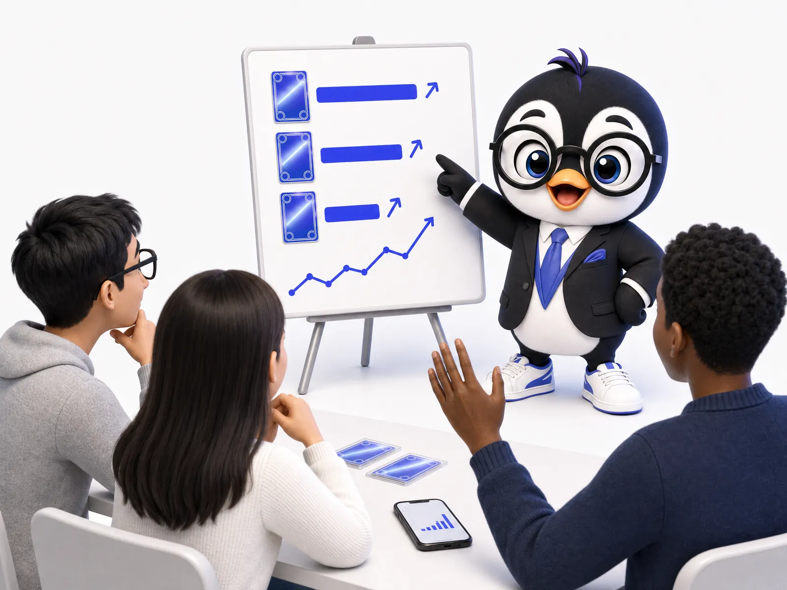 Collectors comparing card prices and condition data at a meetup table, with Pipos the penguin