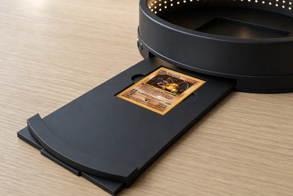 The tray pulled out of the base with a card in its pocket