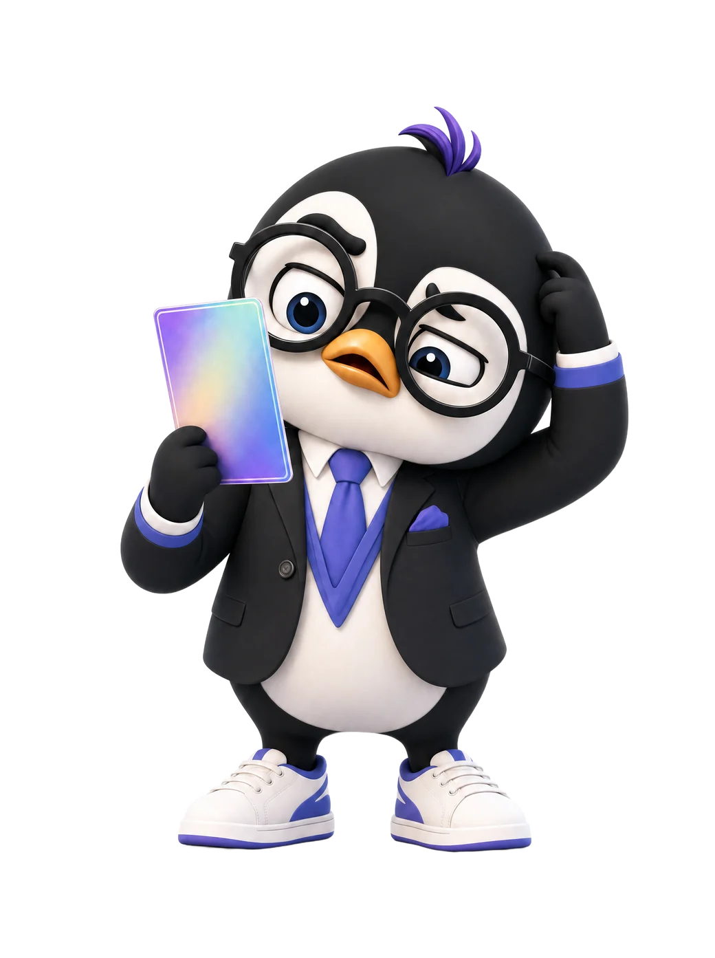 Pipos, puzzled, holding a card